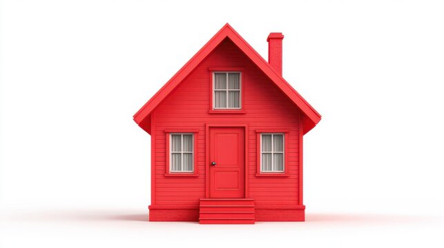 A miniature wooden house is painted vibrant red isolated on white background. This residential real estate concept is ideal for property advertising.