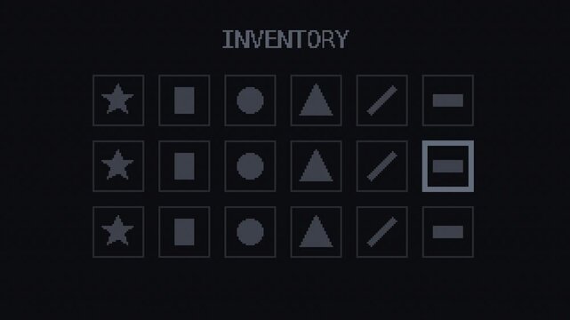 Seamless retro pixel inventory grid selection animation in black for looping game background
