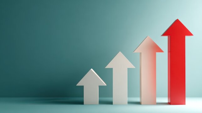 A growing chart with increasing arrows against a teal wall illustrates business growth. Financial success concept for corporate investment presentations.