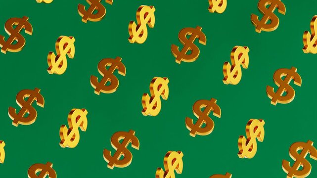Golden dollar signs rotate in a continuous pattern in a seamless 4K and 3d looping animation on a solid green background, ideal for wealth, financial growth, revenue, and success.