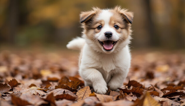 Cute puppy running happily outdoors in autumn leaves, dog playing in fall season