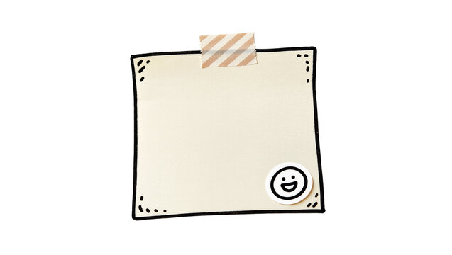 Hand drawn beige sticky note with striped tape and smiley face, isolated on transparent background