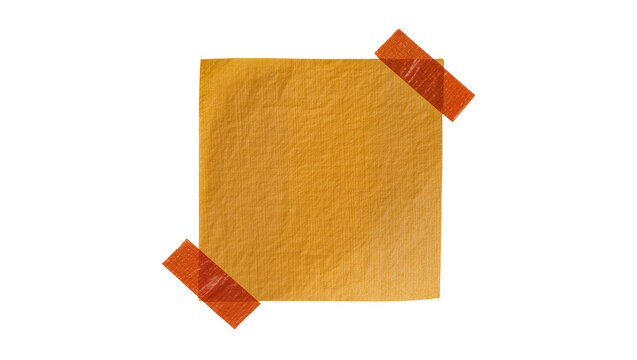 Orange square sticky note with textured paper taped with orange tape, isolated on transparent background