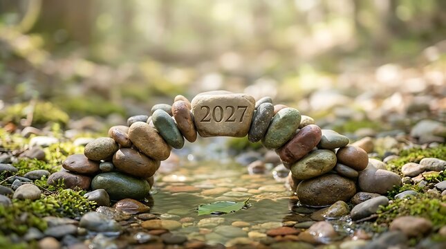 Charming small stone arch bridge constructed over gentle stream in forest with 2027 engraved central rock