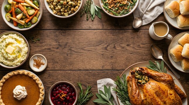 Thanksgiving day traditional feast flat lay with roasted turkey stuffing mashed potatoes pumpkin