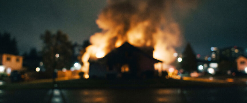 Fully blurred nighttime emergency scene with firelight and smoke around a residential structure. Suitable for advertising, websites, and visual communication.