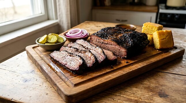 Raw Beef Steak and Pork Meat Grilling on a Barbecue Grill with Fresh Vegetables, Tomato Salad and Bread, Gourmet Outdoor Cuisine, Close-Up Food Photography.austin food