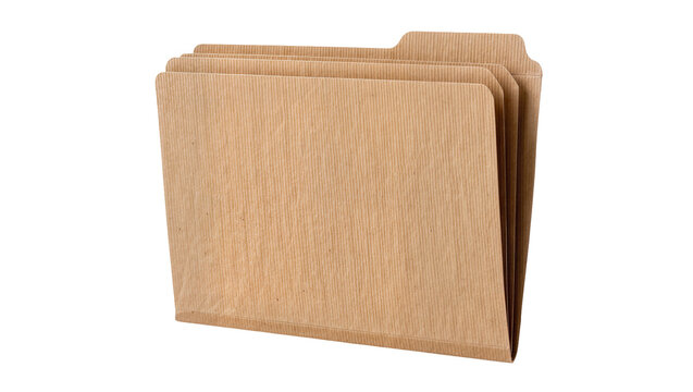 Stack of three manila file folders with tab, isolated on transparent background