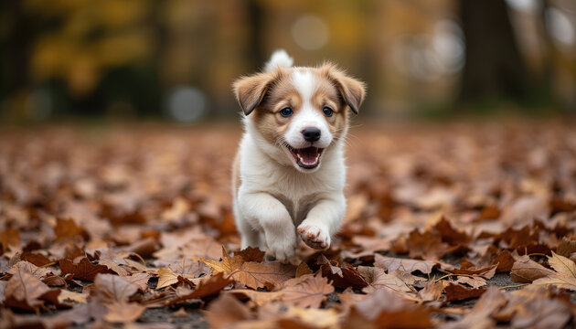 Cute puppy running happily outdoors through dry brown autumn leaves in park