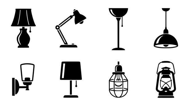 Home lighting and lamp icon set featuring black silhouettes of table lamps desk light floor torchiere pendant hanging fixture wall sconce cage bulb and vintage lantern