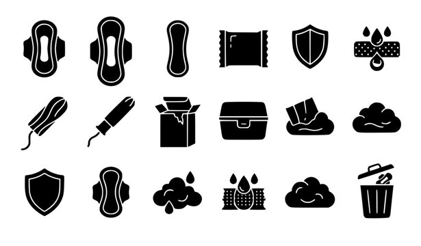 Feminine hygiene product icon set featuring silhouettes of sanitary napkins menstrual pads tampons protection shields disposal bin and period care packaging vector elements