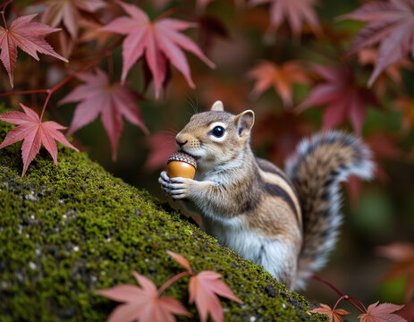 Cute squirrel eating acorn nut on mossy rock with red maple leaves background