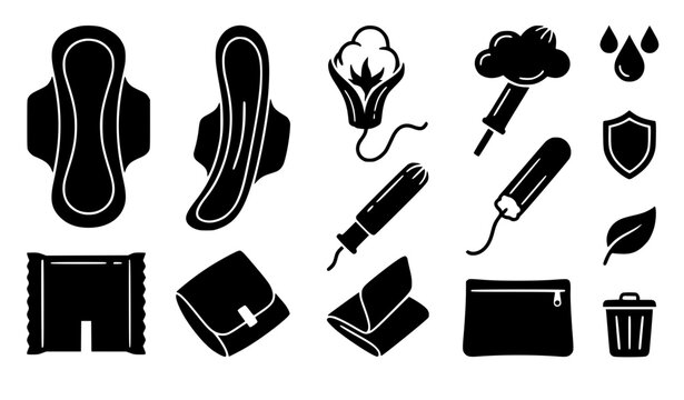 Menstrual hygiene products icon set featuring silhouettes of sanitary pads tampons with applicators cotton flower disposal bin drops and female period care symbols