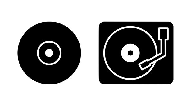 Vinyl record and turntable vector set featuring black silhouettes of a classic phonograph audio disc and retro record player for retro music design themes
