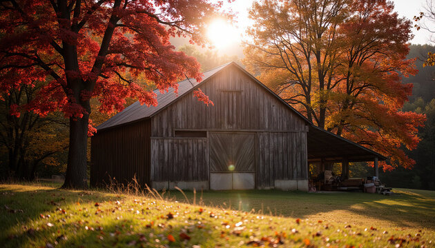 Rustic wooden barn in autumn countryside surrounded by vibrant red trees at sunset