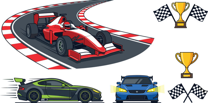 Auto Racing Vector Set with Red Formula Car on Track, Sports Cars, Gold Trophy Cups, and Crossed Checkered Winner Flags