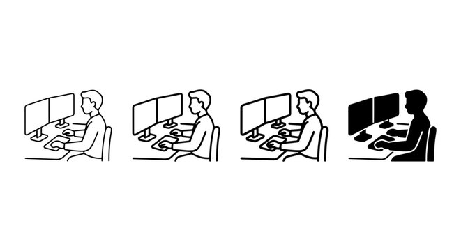 Programmer Working on Dual Monitors, Coding Setup, Office Desk, Digital Workspace Icons