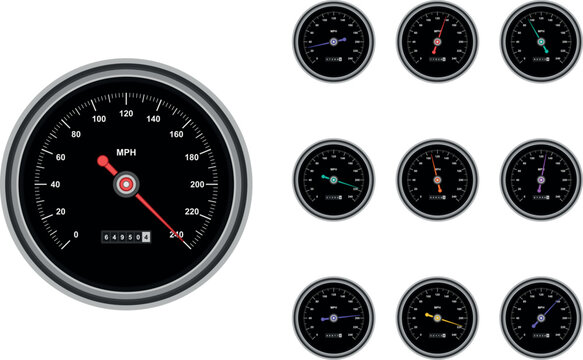 Car speedometer vector illustration set. Features realistic black dashboard gauges with colorful needles indicating different speeds. Technical graphics for automotive instrumentation.