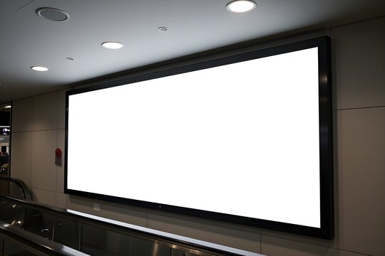 Large bright mock-up billboard beside an airport-style travelator in a clean modern corridor, illuminated by soft ceiling lights and offering spacious template space for advert design, banner template