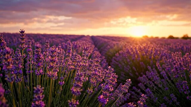 Vast lavender field bathed in the warm, golden light of a beautiful sunset, with rows of purple flowers stretching to the horizon.