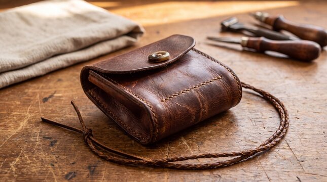 Worn leather pouch made from hide on rustic wooden workbench