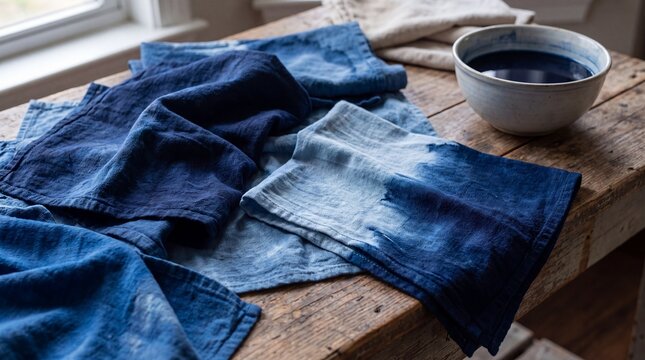 Natural indigo dyed fabric with blue stained textile samples