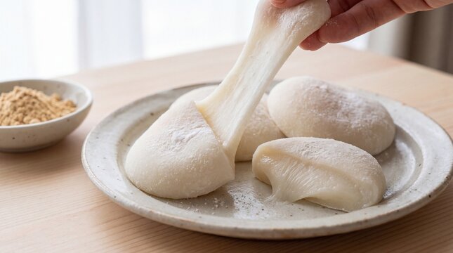 Chewy mochi rice cakes stretched by hand on ceramic plate