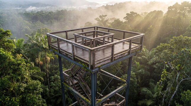 Rainforest canopy observation tower platform above tropical forest