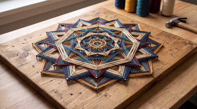 Geometric string art nailed to wooden board in colorful mandala design