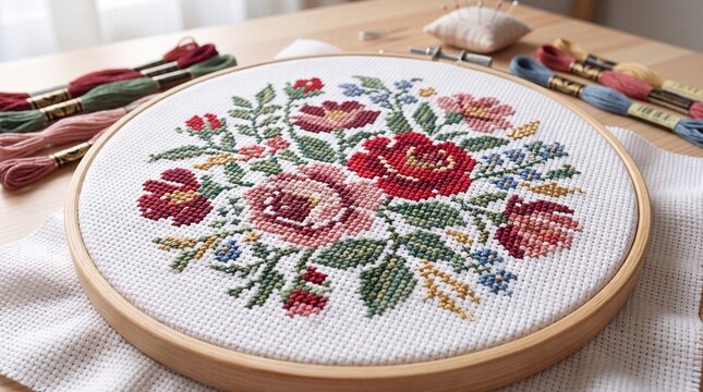 Completed floral cross stitch pattern in wooden embroidery hoop