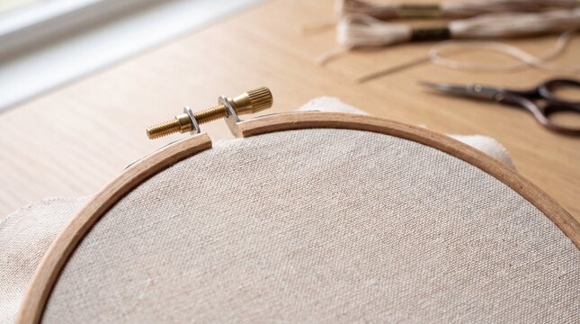 Embroidery hoop with fabric stretched tight for needlework