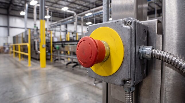 Factory floor emergency stop button on industrial machinery