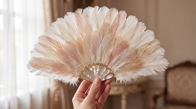 Hand holding elegant feather fan with soft pastel decoration