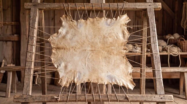 Animal hide stretched on wooden frame for traditional tanning