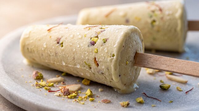 Pistachio ice cream bars with nuts on wooden sticks