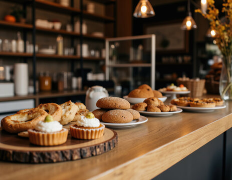 Assorted fresh baked pastries, bread, and tarts displayed on wooden counter in cozy cafe