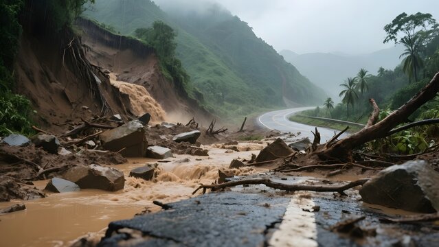 Massive Mudslide Covering Mountain Road After Torrential Rain