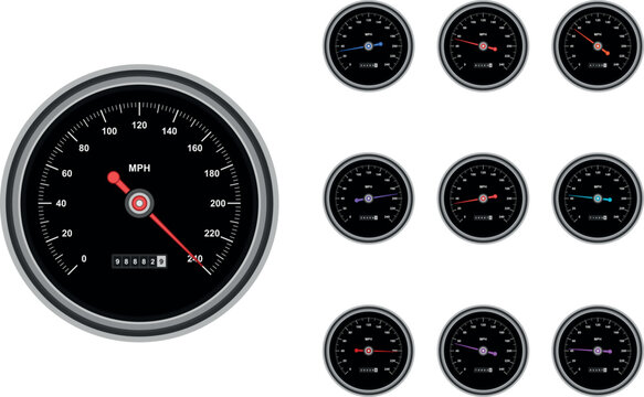 Car speedometer vector illustration set. Features realistic dashboard gauges with chrome bezels, red needles, and MPH dials on black background. Perfect for automotive and racing design.