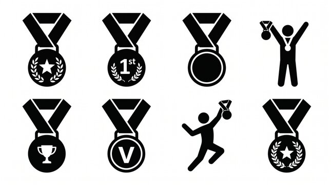 Medal and trophy silhouettes, symbolic of victory, honor, recognition, achievement, success, timeless celebration.