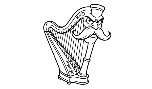 Funny angry vintage harp character with handlebar mustache black outline vector