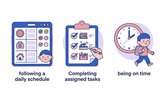 Vector educational illustration set depicting daily routine schedule tasks and being on time for children