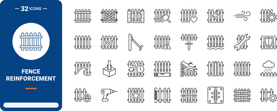 Fence Storm Proofing Web Icon Set in Linear Style. Collection of Barrier Reinforcement line icons, including weatherproofing, wind resistance, reinforcement, bracing, anchoring, structural stability.