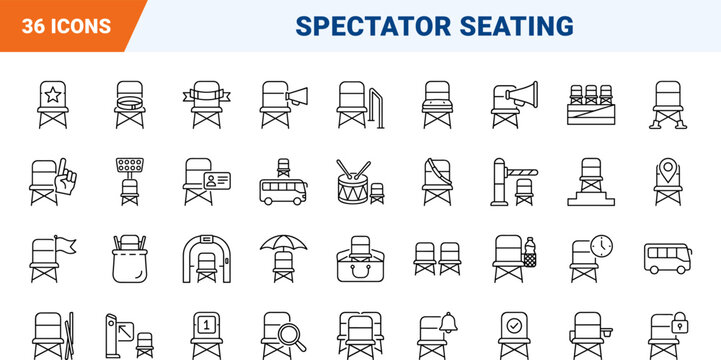 Folding Chair Away Fan Seating Web Icon Set in Linear Style. Collection of Stadium Spectator line icons, including matchday, away seating, spectator transport, sector access, ticketing, crowd gear.