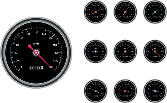 Car speedometer vector icon set. Realistic dashboard gauge meters displaying various speed levels in miles per hour. Flat design elements for automotive technology, racing, and UI design.