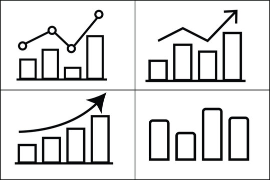 Business growth chart icons, black line vector set of 4 financial data graphs. Professional analytics bar charts with upward arrows for corporate reports and marketing presentations.