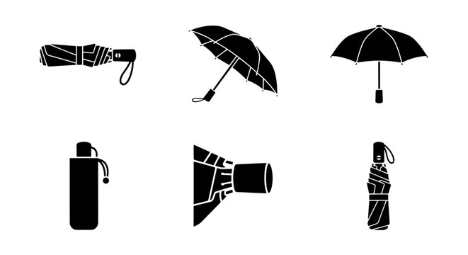 Compact Folding Umbrella Icons, Weather Protection Symbols, Rain Gear Vector Set