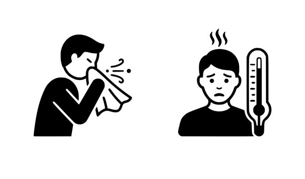 Medical and healthcare icon set featuring a sick person sneezing into a tissue and a patient with a high fever temperature thermometer graphic.