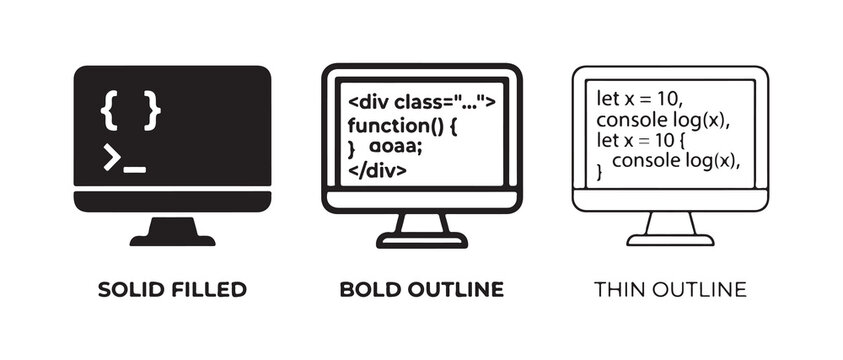 computer monitors showing different code styles with solid filled bold and thin outline designs