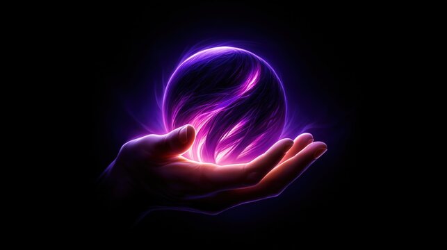 Hands holding a glowing purple neon energy orb