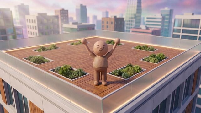 スマートビルの屋上テラスで両手を挙げるかわいい粘土風キャラクターの3Dアニメーション